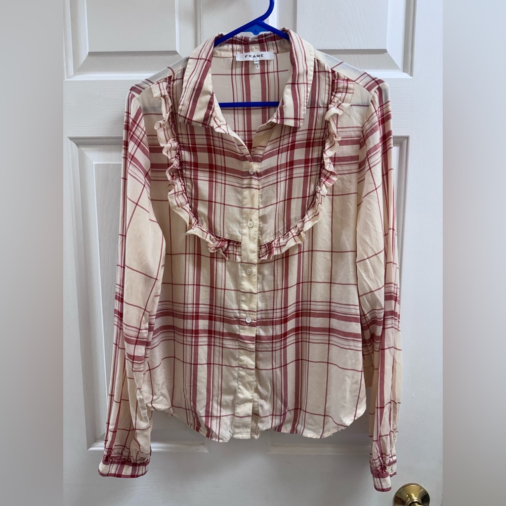 Frame Women’s Red And Cream Check Button Up Long Sleeve Blouse Size Large